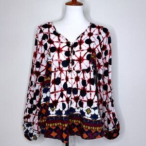 SOLITAIRE Boho Peasant Top XL Mix of Patterns Balloon Sleeves Blue Red Ethnic